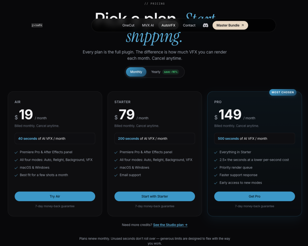 AutoVFX pricing and plan limits