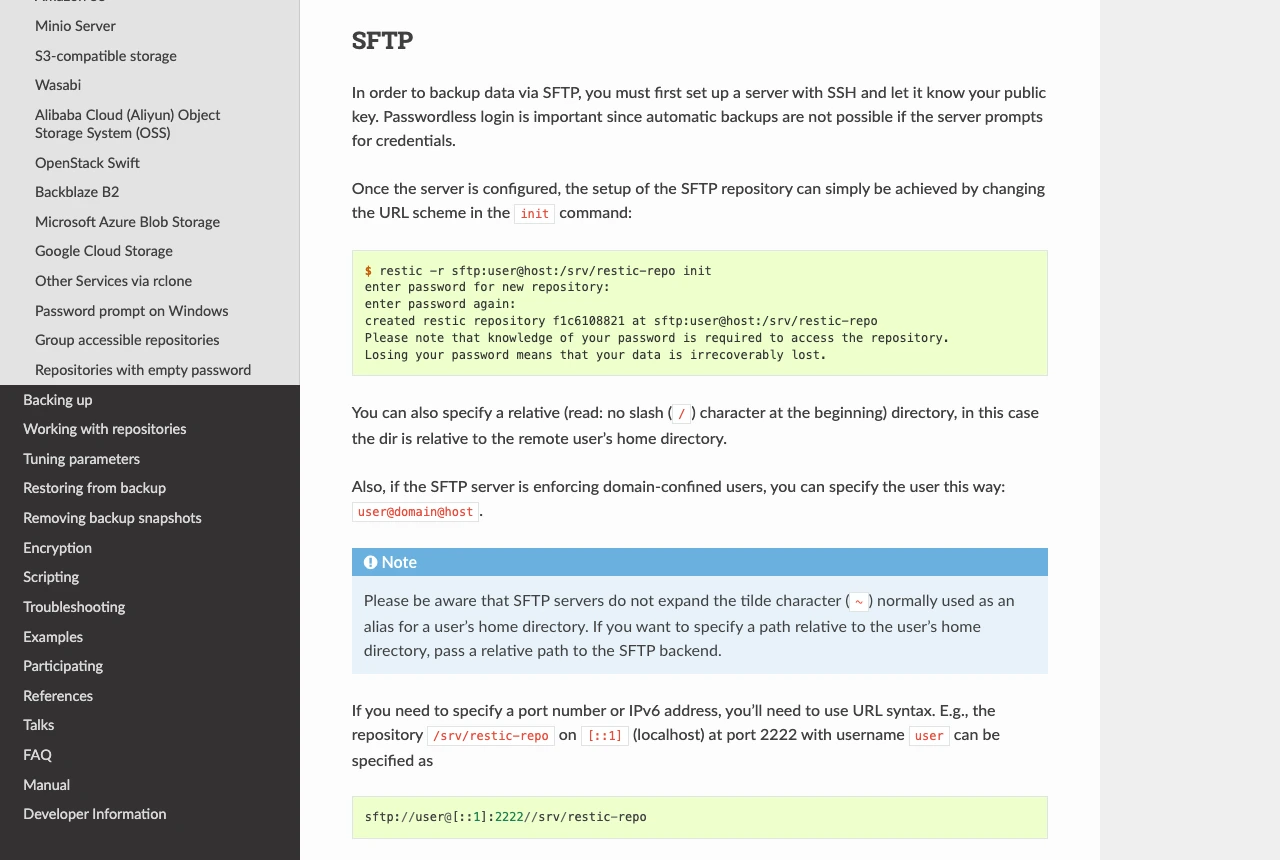 Restic 官方文档中的 SFTP 仓库配置